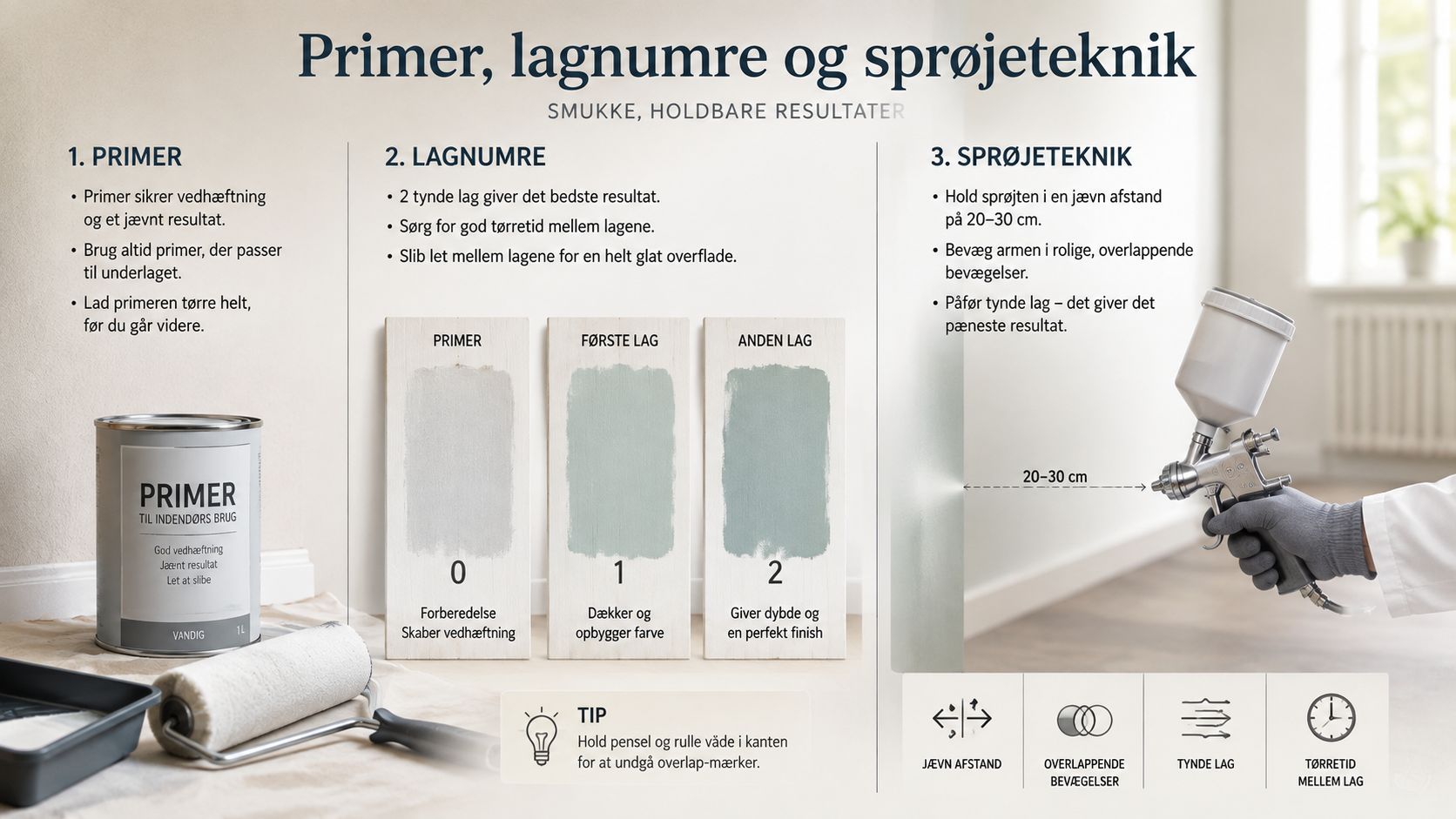 En vejledning til korrekt brug af primer og sprøjteteknik for at opnå et flot maleresultat på møbler.