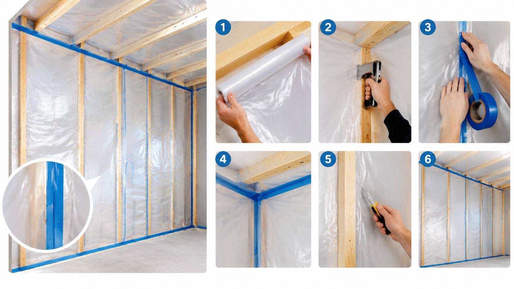 Illustration af montering af dampspærre på væg og loft med trinvis guide til isolering af rummet.
