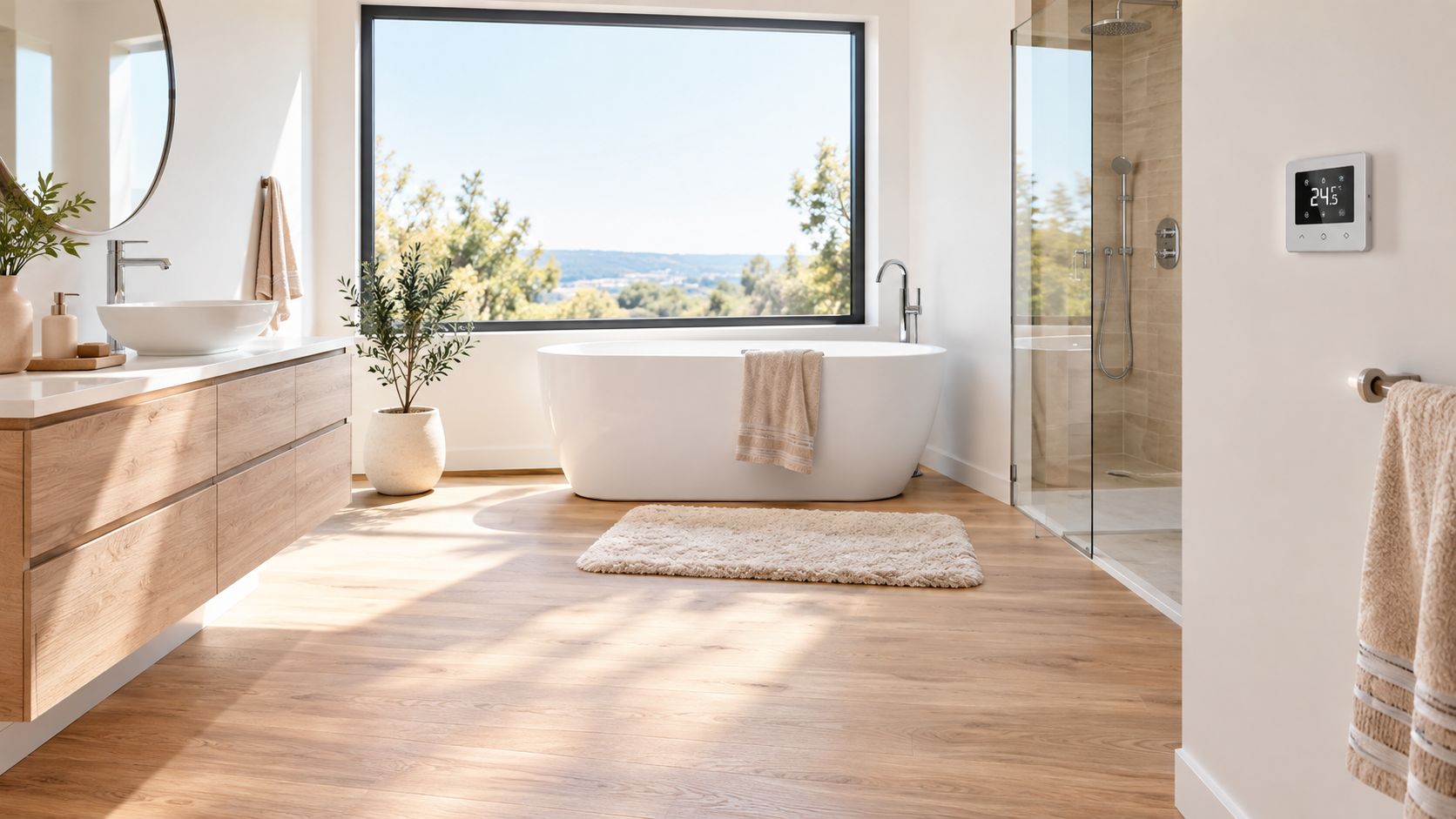 Moderne badeværelse med lyst vinylgulv, badekar, bruseniche og et smukt vindue med udsigt til naturen.