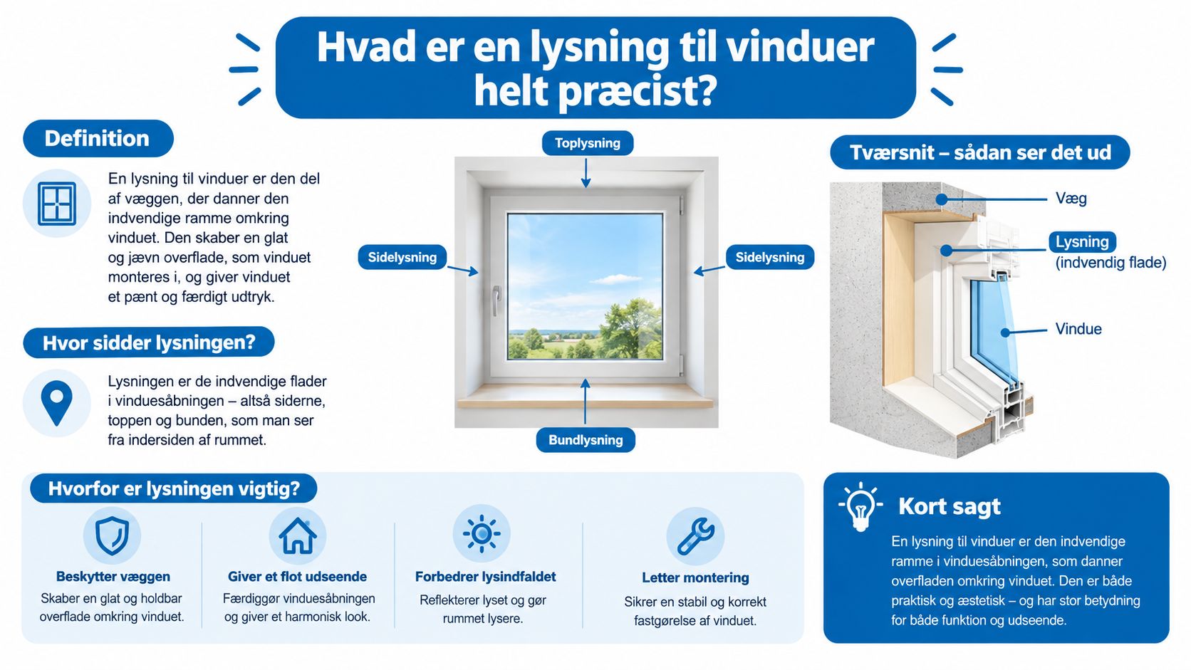 En infografik der forklarer hvad en lysning til vinduer er, dens placering og vigtighed i boligindretningen.