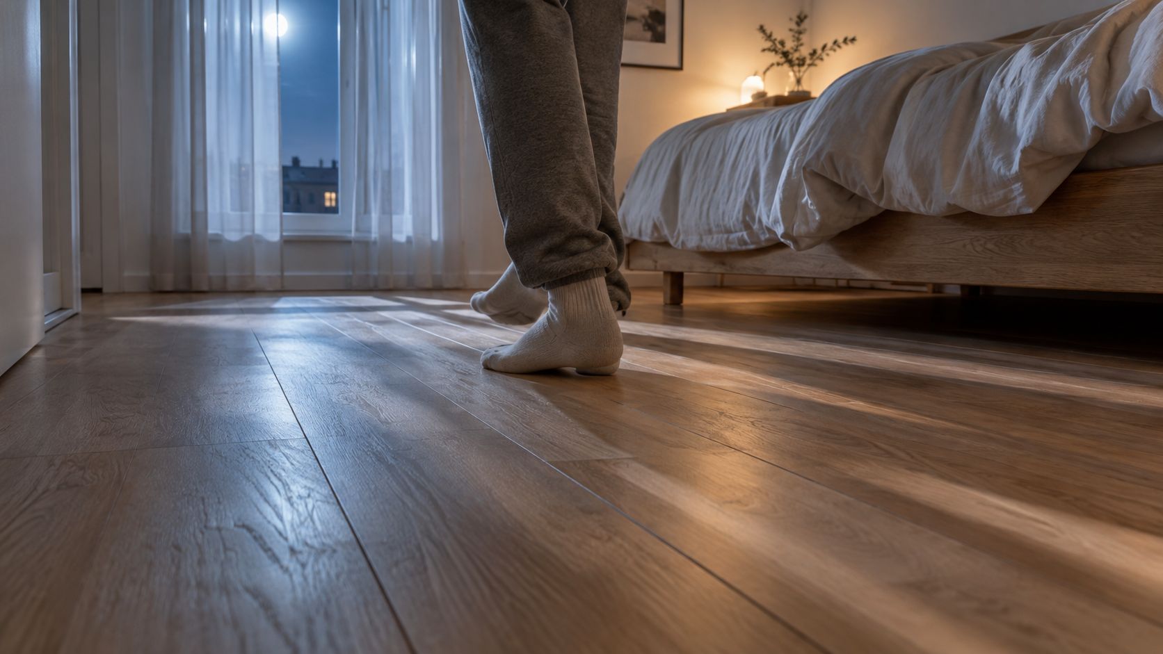 En person går barfodet i strømper på et lyst trægulv i et soveværelse om natten ved måneskin.