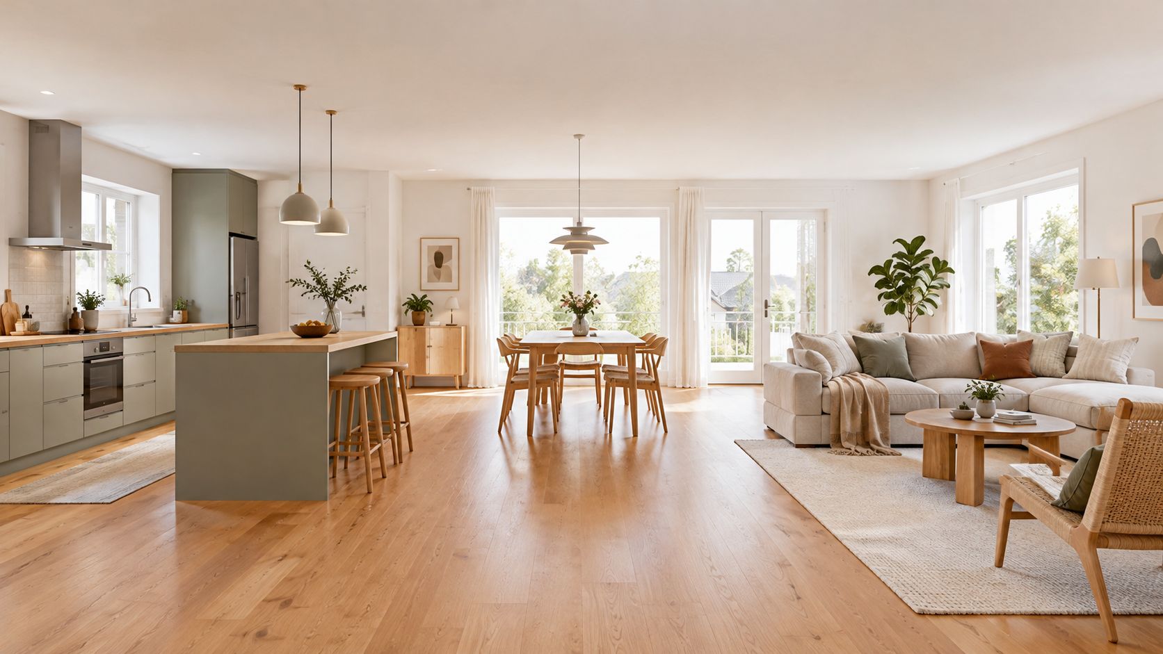 Moderne åbent køkken-alrum med lyse trægulve, minimalistisk indretning og direkte adgang til en solrig terrasse og have.