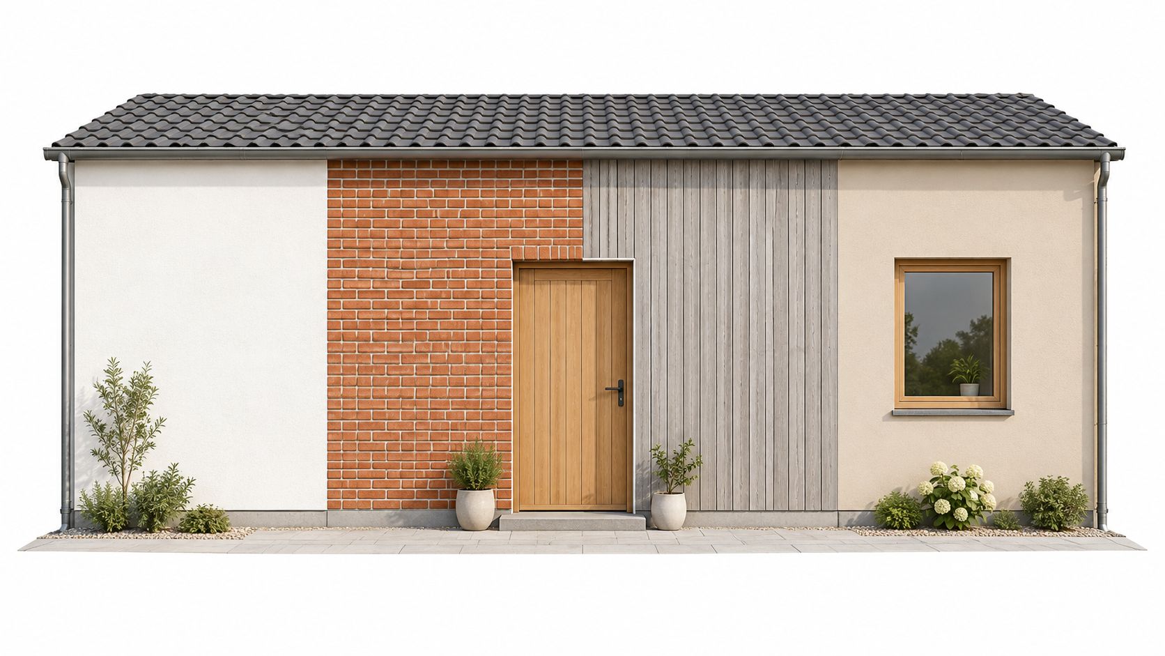 Et moderne hus med en facade bestående af hvidpuds, røde mursten, lodrette træpaneler og lys beige puds.