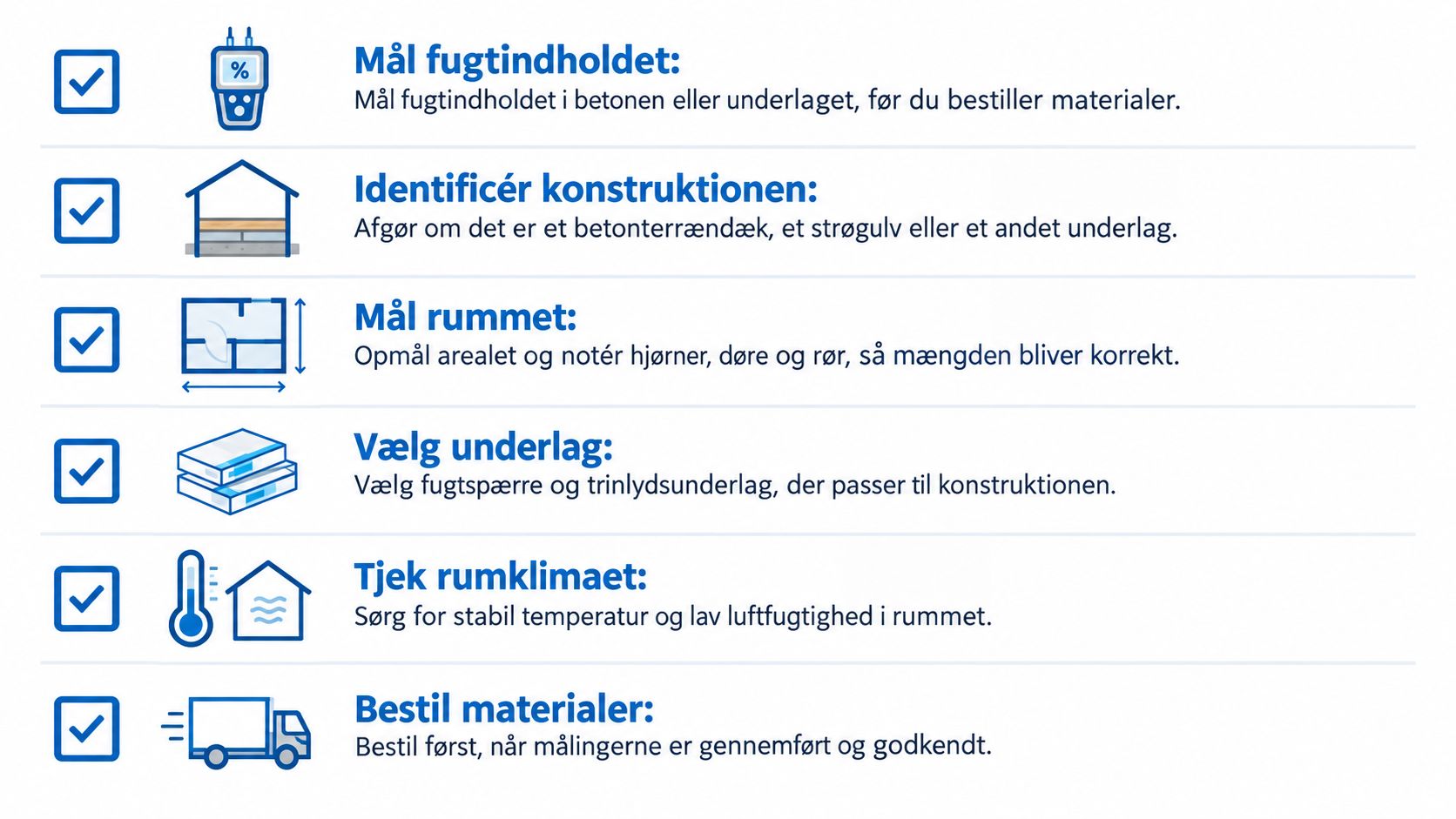 En infografik med seks trin til forberedelse af undergulv før lægning af nyt trægulv.