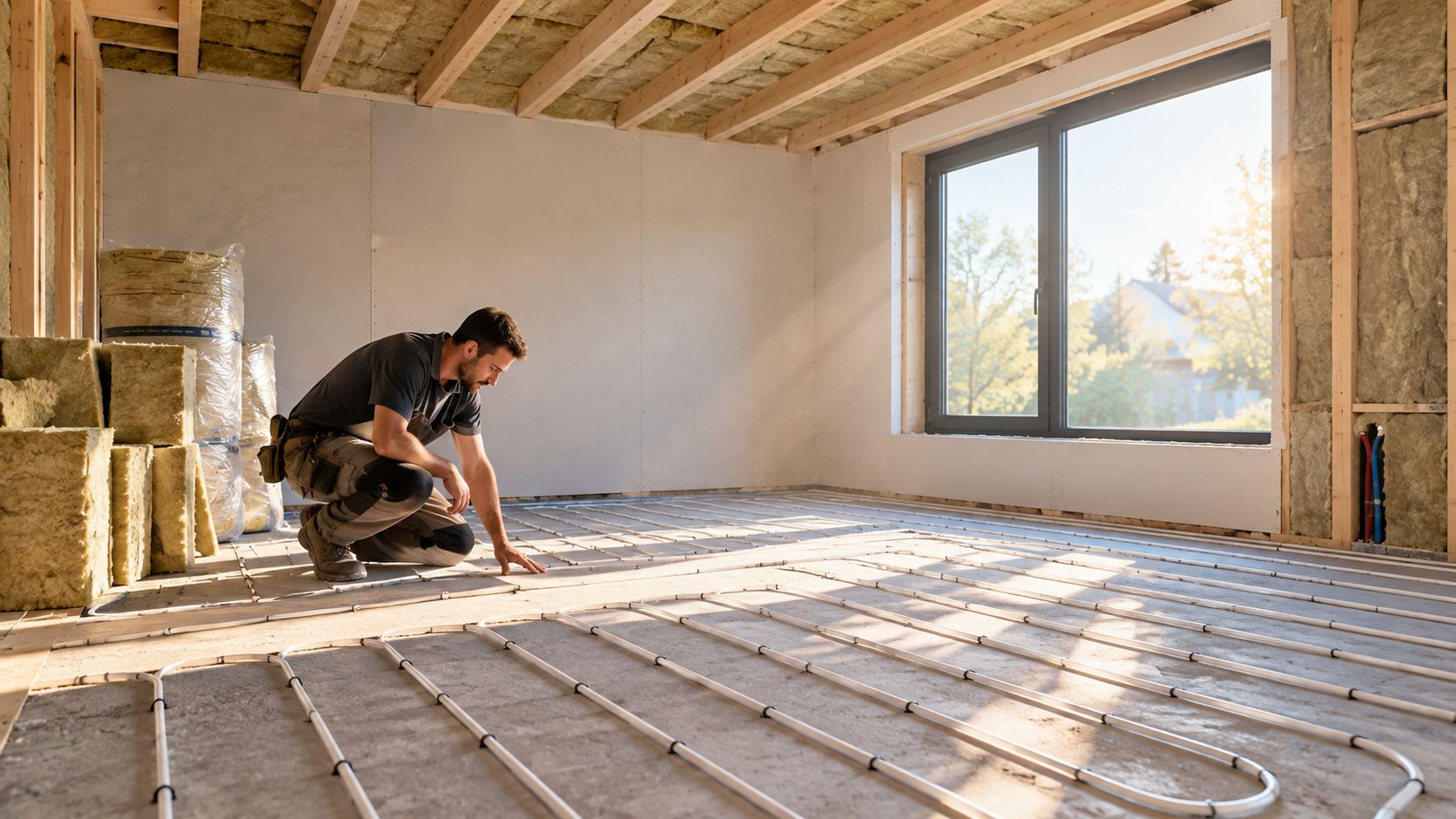 En håndværker inspicerer installationen af gulvvarmerør på et nybygget hus under opførelse med isolering i væggene.