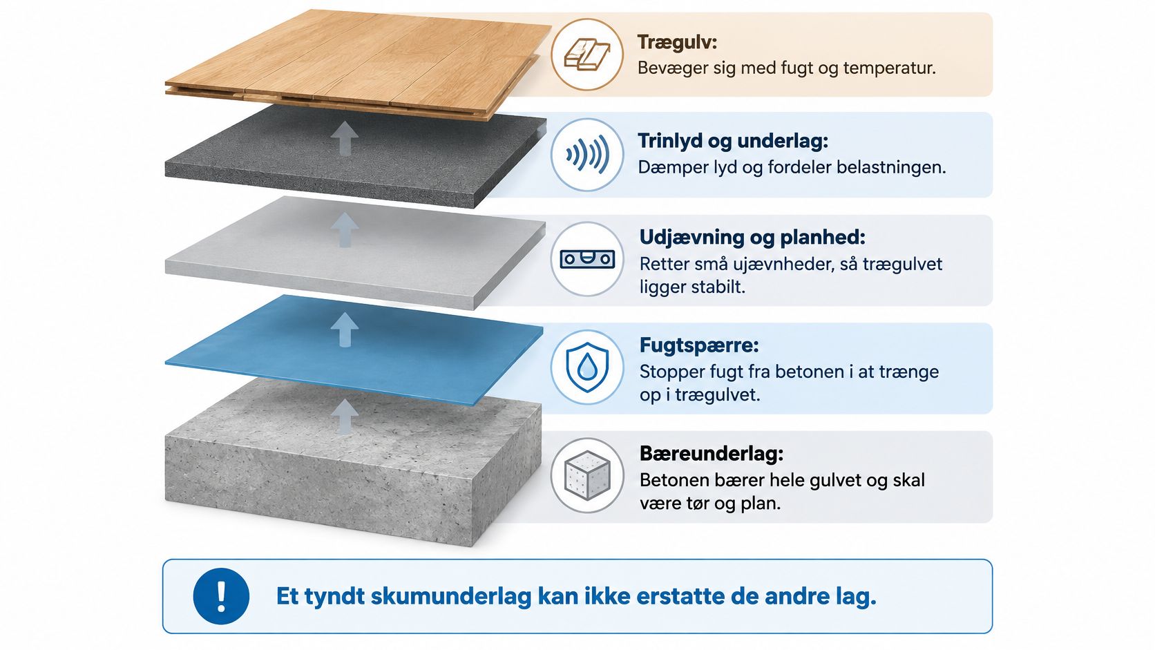 En oversigt der illustrerer opbygningen af gulvkonstruktion med trægulv, underlag, fugtspærre og bærende betonunderlag i forskellige lag.